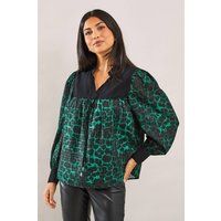 Wallis Womens Blouse Green Animal Print Tie Neck Long Sleeve V-Neck Casual