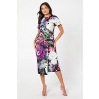 Coast Womens Pencil Dress Black Floral Print Satin Midi Short Sleeve