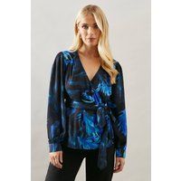 Womens Petite Blue Abstract Floral Woven Drape Wrap Top