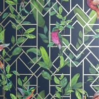 Arthouse Deco Tropical Metallic Silver Navy Green Birds Geo Wallpaper 908003