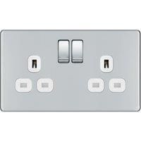 BG Electrical FPC22W-01 Double Switched Screwless Flat Plate Power Socket, Polished Chrome with White Inserts, 13 Amp