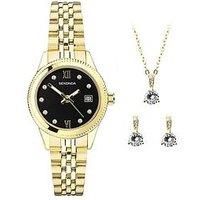 Sekonda Gift Set Womens 26Mm Analogue Watch With Yellow Gold Stone Set Black Dial, Yellow Gold Stainless Steel Bracelet Matching Pendant And Earrings