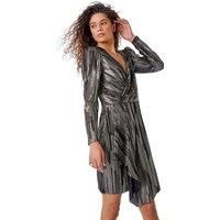 Roman Originals Shimmer Plisse Wrap Dress for Women UK - Ladies Everyday Holiday Autumn Winter Pull-On V-Neck Long Sleeves Comfy Soft Vacation Work - Black - Size 14