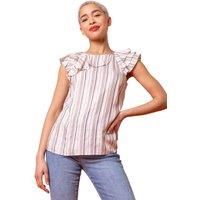 Dusk Fashion Women Stripe Print Frill Detail Top - Ladies Spring Everyday Summer Holiday Round Neckline Comfy Cap Sleeve Soft All-Over Print Shirt Vacation Blouses - White - Size 8