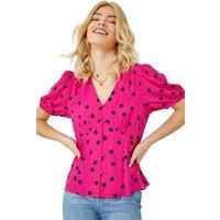 Dusk Fashion Polka Dot Tea Blouse for Women UK - Ladies Everyday Holiday Spring Summer V Neckline Comfy Soft Evening Vacation Work Party - Pink - Size 12