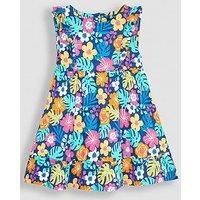 Jojo Maman Bebe Girls Bright Floral Frill Shoulder Pretty Summer Dress - Navy