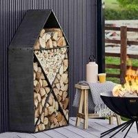 Ivyline House Log Storage Sculpture in Natural Black - Outdoor & Frost Resistant - Contemporary Metal Firewood Holder - H125 x W70 cm