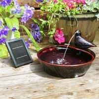 Bird Bowl Water Feature Fountain Waterfall Solar Power Red Glazed Ceramic Garden