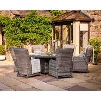 6 Reclining Rattan Garden Chairs & Large Round Fire Pit Dining Table in Grey - Fiji - Rattan Direct