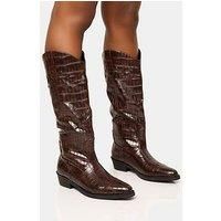 Public Desire Apollo Western Knee High Croc Boot - Brown