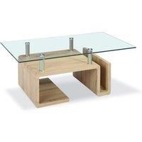 Coffee Table Clear Glass Rectangle Top Wooden Frame Natural Finish Chrome