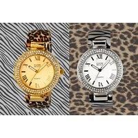 Eton Rhinestone Animal Print Ladies Watch - Leopard Or Zebra! - Silver