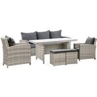 Outsunny 6Pcs Rattan Dining Set 7-seater Sofa Table Footstool Outdoor with Cushion Armchairs Patio Garden Furniture