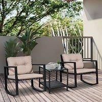 Outsunny 3PCs Rattan Furniture Set Patio Bistro Set 2 Rocking Chairs and CoffeeTable Outdoor Conversation with Cushion - Black