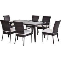 Outsunny 6-Seater Rattan Dining Set 6 Wicker Weave Chairs & Tempered Glass Top Dining Table 6 Seater Outdoor Backyard Garden Furniture, Brown