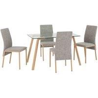 Morton 4 Seat Dining Set in Clear Glass Oak Effect Veneer and Grey Fabric