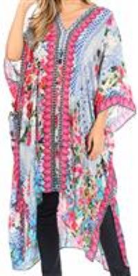 Sakkas - Alvita Women's V Neck Beach Dress Top Caftan 1824 FLB41-Blue