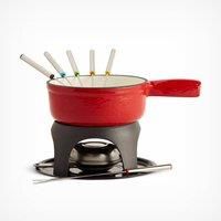 VonShef Fondue Set, Red Enamel Cast Iron Pan for Swiss-Style Cheese or Chocolate Fondue, Includes 6 Colour Coded Forks & Adjustable Burner