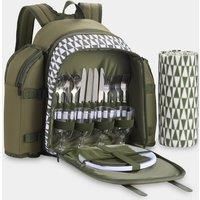 VonShef 4 Person Picnic Backpack Insulated Cooler Bag Cutlery Set - Green