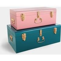 Beautify Teal & Pink Metal Storage Trunks Chest Bedroom, Dressing Room Set of 2