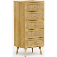 BTFY Rattan Chest of Drawers - Tall Dresser w/Wood Veneer - Wicker Bedroom Drawers - Narrow Scandi Style 5 Drawer Clothes Cabinet for Bedroom w/Tapered Legs & Gold Handles - Clothing Storage