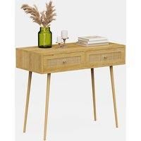 Dressing Table with Natural Rattan, Vanity Storage with 2 Drawers - VonHaus