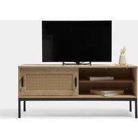 VonHaus Rattan TV Unit - Light Wood Effect TV Cabinet - For TV/'s up to 55" - Industrial Scandi Style Entertainment Unit w/Storage Cupboard & 2 Open Shelves - For Living Room & Lounge - Lena