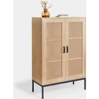 Rattan Sideboard Cabinet Storage | Tall 2 Door Light Wood Effect | VonHaus