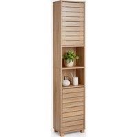 Tall Bathroom Cabinet, Oak Wood Effect Bathroom Tallboy, Slatted Style - VonHaus