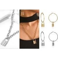 Women'S Padlock Necklace & Earrings Set - Gold Or Silver