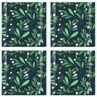 Mistletoe Coaster Set - Square Glass Botanical Garden Design - Set of Four (4) Coasters