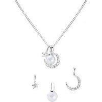 The Love Silver Collection Sterling Silver Pearl, Moon And Star Cubic Zirconia Adjustable Box Chain Necklace