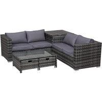 Outsunny 4 Pcs Rattan Wicker Garden Furniture Patio Sofa Storage & Table Set w/ 2 Drawers Coffee Table,Great Cushioned 4 Seats Corner Sofa - Grey