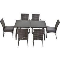 Outsunny 7 Pcs Garden Dining Set Steel Frame PE Rattan Wicker w/ 6 Chairs Large Table Glass Top Curved Legs Feet Pads Thick Cushions Suitable For Outdoor Family Friends Party Furniture Grey