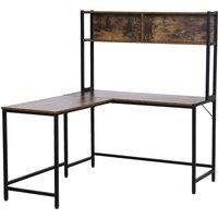 HOMCOM Industrial L-Shaped Work Desk & Storage Shelf Steel Frame Adjustable Feet Corner Workstation Home Office Study Stylish Brown Black