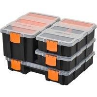 DURHAND Set of 4 Plastic DIY Tool Storage Boxes w/Inside Dividers Locking Lids Home Garage Organisation Stacking Arts Crafts Bolts Black Orange