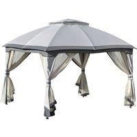 Outsunny 3.7 x 3(m) Metal Gazebo Canopy Party Tent Garden Patio Shelter with Netting Sidewalls & Double Tiered Roof, Grey