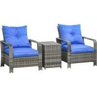 Outsunny 3 pcs PE Rattan Wicker Garden Furniture Patio Bistro Set Weave Conservatory Sofa Storage Table and Chairs Set Blue Cushion Grey Wicker