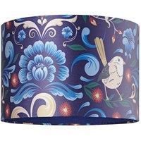 Vivid and Eye-Catching Floral Midnight Blue Satin Fabric 12" Drum Lamp Shade with Bird Decoration | 60w Maximum | Inner Lining Fabric by Happy Homewares