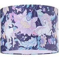 Feminine Purple and Pink Cotton Fabric Lampshade with Elegant Unicorns and Emerald Green Floral Decoration | 10" Diameter | Features Inner Lilac Cotton Fabric Lining by Happy Homewares