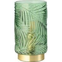 Happy Homewares Modern Palm Tree Emerald Forest Green Glass Floral Table Lamp with Brushed Satin Brass Base | 1 x E14 60w Maximum | 22cm x 12cm | Clear Inline Switch