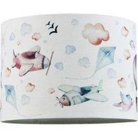 Air Travel Childrens White Linen Fabric Lamp Shade - Planes Hot Air Balloons Clouds and Kites | 25cm Diameter | 60w Maximum | Inner Cotton Lining by Happy Homewares