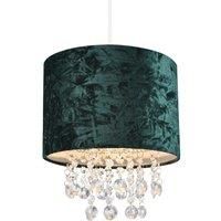 Modern Designer Forest Green Crushed Velvet Fabric Pendant Light Shade with Hanging Waterfall Transparent Acrylic Droplets | 25cm Diameter by Happy Homewares