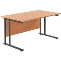 Office Hippo Heavy Duty Rectangular Cantilever Office Desk, Home Office Desk, Office Table, Integrated Cable Ports, PC Desk For Office or Home, 5 Yr Wty - Black Frame/Beech Top, 140cm x 60cm