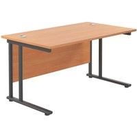 Office Hippo Heavy Duty Rectangular Cantilever Office Desk, Home Office Desk, Office Table, Integrated Cable Ports, PC Desk For Office or Home, 5 Yr Wty - Black Frame/Beech Top, 120cm x 80cm