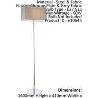 Floor Lamp Light Chrome & Grey Fabric 60W E27 Standing Base & Shade e10645