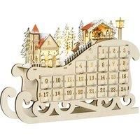 HOMCOM Christmas Advent Calendar, Light Up Table Xmas Wooden Sled Holiday Decoration with Countdown Drawer, Village, Natural Wood Color