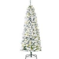 HOMCOM 6 Feet Prelit Artificial Snow Flocked Christmas Tree with Warm White LED Light, Holiday Home Xmas Decoration, Green White