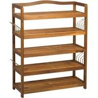 HOMCOM 5 Tier Shoe Rack Acacia Wood With Hooks Entryway Bedroom Teak