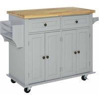 HOMCOM Rolling Kitchen Island Storage Trolley with Rubber Wood Top & Drawers for Dining Room, Grey